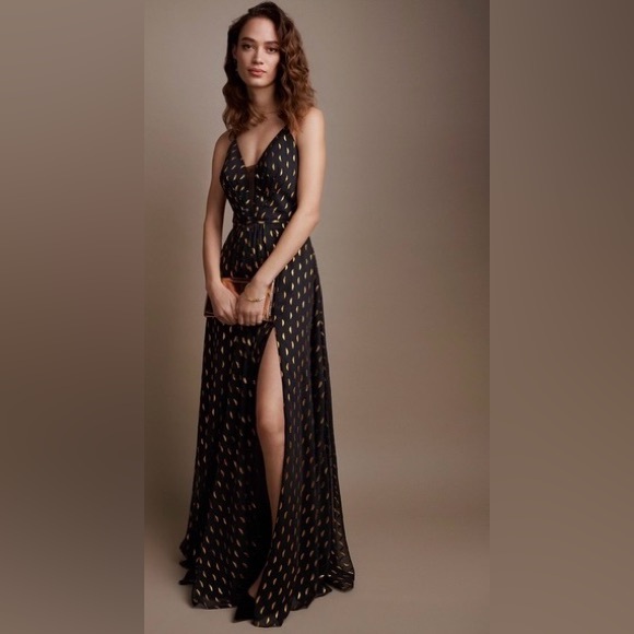 *NWT* AQUA / Metallic Gold Print Plunging Illusion Gown / Black,Gold / 10 - Picture 3 of 11